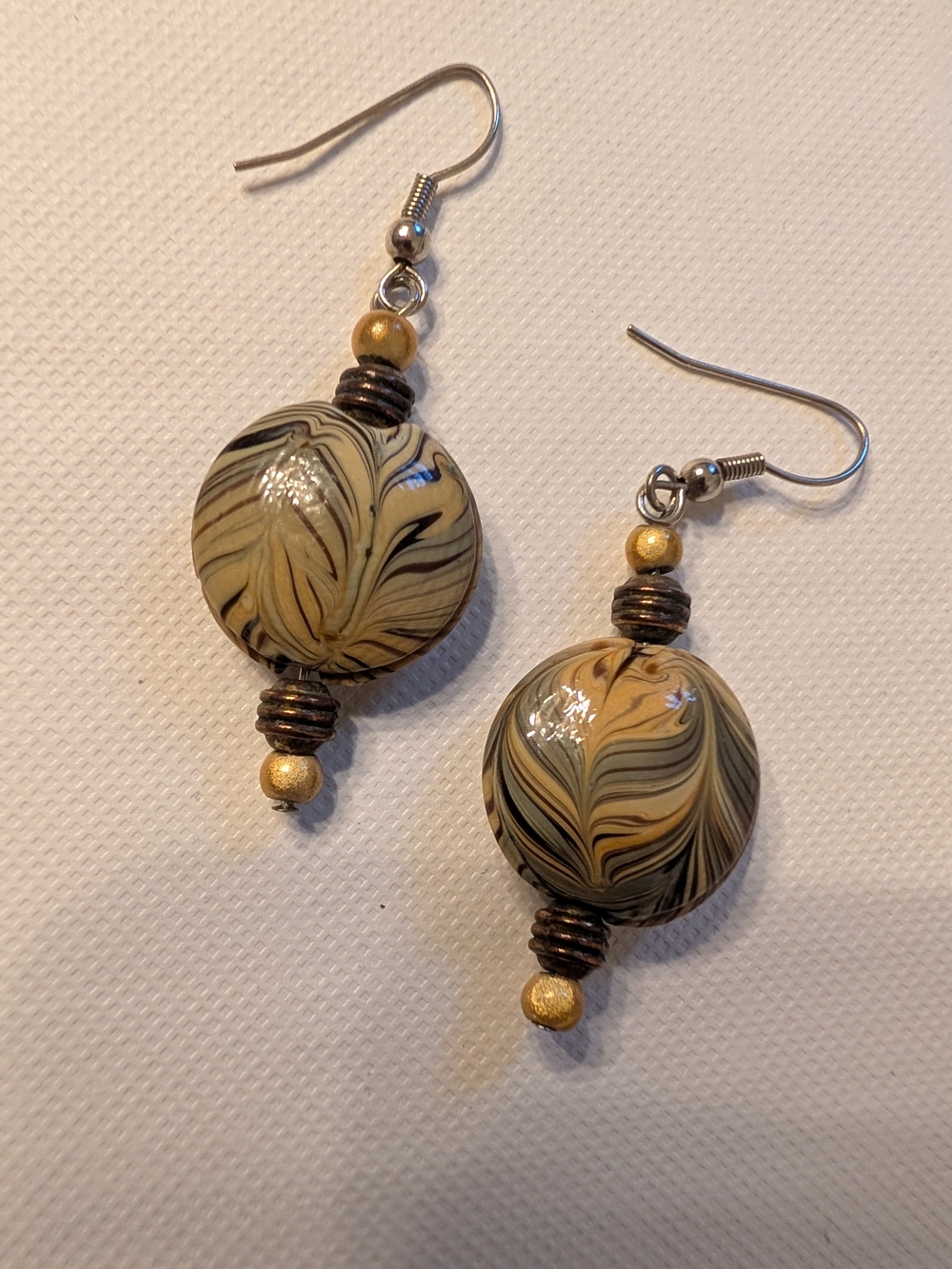 Hand Crafted Marbled Beige, Green and Brown Glass Drop Earrings